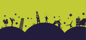 Illustration of silhouetted street performers on hills.